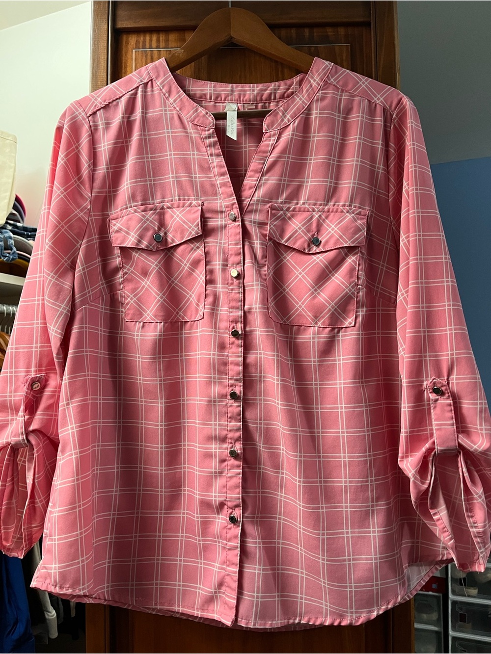 Collection Woman Pink Plaid Button-Down Blouse